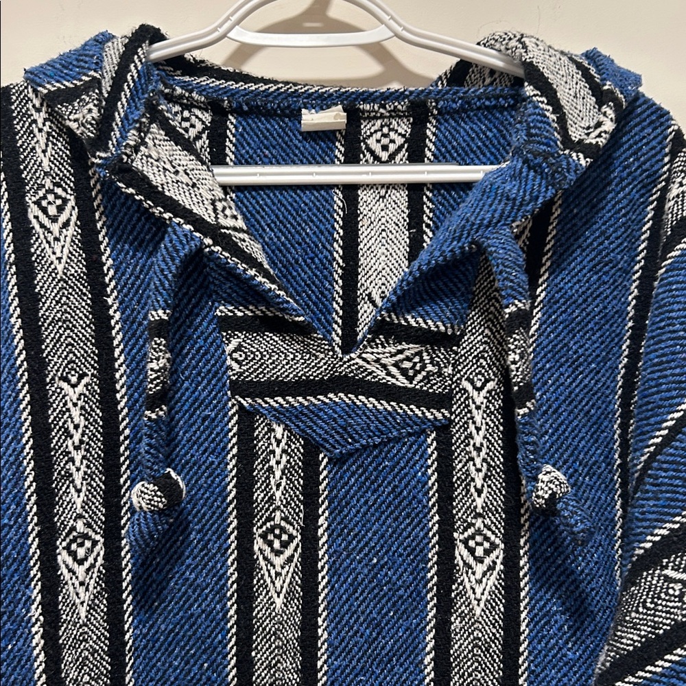 Blue and Black Baja Hoodie Jacket Shirt black, blue, cream. Kangaroo Pocket